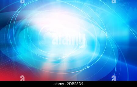 Graphical circular curves around earth globe, expanding digital world business concept. Technology communication background. 3d illustration Stock Photo