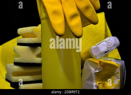 Cleaning products on black background Stock Photo