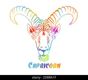 Capricorn is the sign of the zodiac. The goat's head. T-shirt print. Mixed media. Vector illustration Stock Vector