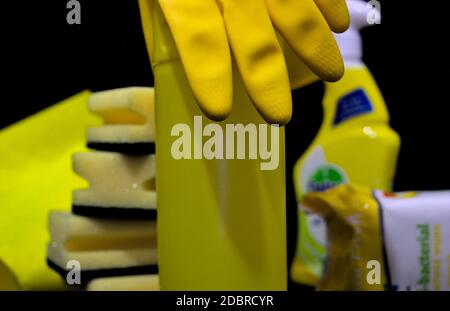 Cleaning products on black background Stock Photo