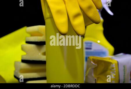 Cleaning products on black background Stock Photo