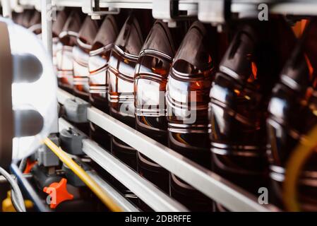 Close up of plastic bottles on a conveyor belt. Industrial production of beer. Automatic filling line Stock Photo