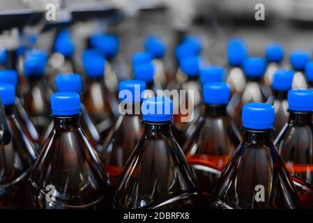 Row of plastic beer bottles with blue caps close up Stock Photo