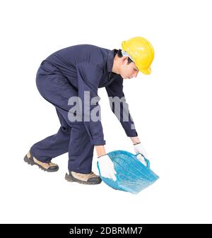 Young worker in uniform hold Hod or clam-shell shaped basket is a construction tools  ,Cut out isolated on white background Stock Photo