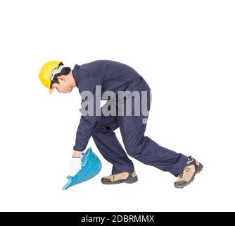 Young worker in uniform hold Hod or clam-shell shaped basket is a construction tools  ,Cut out isolated on white background Stock Photo