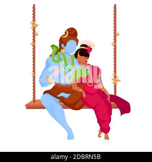 Shiva and Parvati flat color vector illustration. Hindu god and goddess