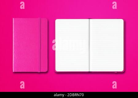 Pink closed and open lined notebooks mockup isolated on colorful background Stock Photo