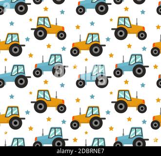 Tractor seamless pattern. Baby cars for boys repeating texture, endless background. Vector illustration. Stock Photo