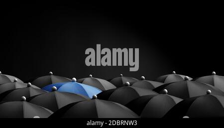 Concept image with lots of black umbrellas and a blue umbrella that stands out, be unique Stock Photo