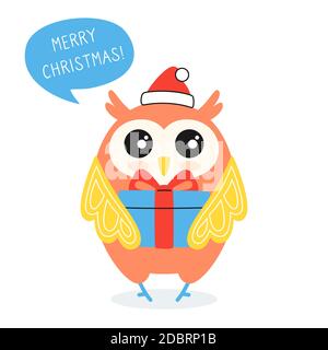 Greeting Christmas card, owl and speech bubble. New year bird with gift box, in Santa Claus hat. Hand drawn cartoon character, dialog speech bubble. Merry Christmas. Vector on white background Stock Vector
