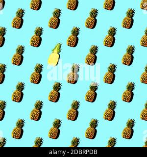 Seamless pattern with summer decoration of ripe pineapple with shadow. Tropical style concept background, wrapper, layout or mockup. Stock Photo
