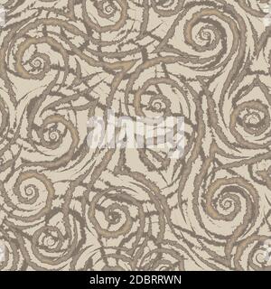 Brown smooth lines corners and spirals with torn edges on a beige background vector seamless pattern.Abstract geometric fur or wool Stock Vector