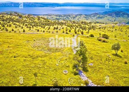 Celestial Labyrinths stone mazes high in mountains above Novi Vinodolski aerial view, tourist attraction in Kvarner region of Croatia Stock Photo