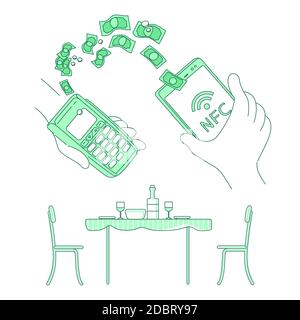 Mobile wallet, e-commerce thin line concept vector illustration. Restaurant service, person paying bill with smartphone 2D cartoon character for web d Stock Photo