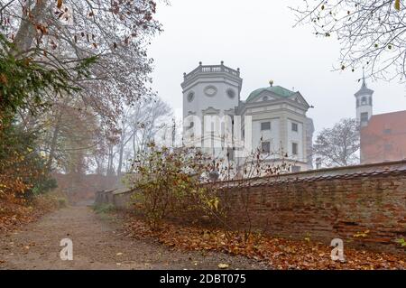 Foggy morning at the water towers in Augsburg, Bavaria, Germany Stock Photo