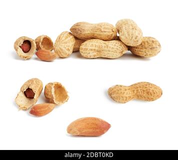 heap of peanuts in shell and broken, food isolated on white background, set Stock Photo