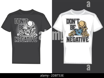 T-shirt design samples with illustration of a photographer skull with camera. Stock Vector