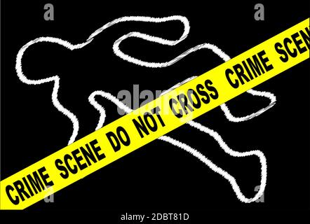 A typical CRIME SCENE DO NOT CROSS streamer set over chalk body outline on black Stock Photo