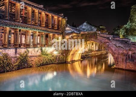Night view of Zhouzhuang, an ancient Chinese watertown in Suzhou, China.