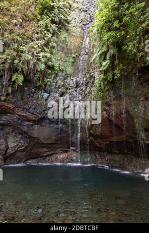 Last waterfall of the Twenty-five Fountains Levada hiking trail, Madeira Portugal Stock Photo