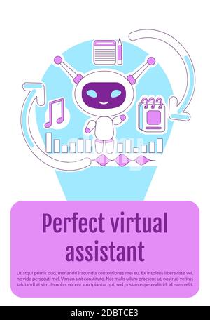 Assistant bot poster flat silhouette vector template. AI chatbot brochure, booklet one page concept design with cartoon characters. Perfect virtual as Stock Photo