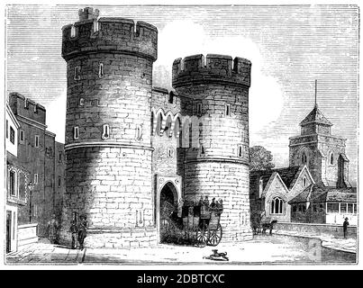 West gate and Holy Cross Church, Canterbury, UK (1845 engraving) Stock Photo