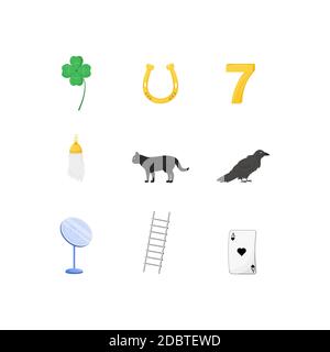 Superstitious symbols flat color vector objects set. Various good and bad luck signs 2D isolated cartoon illustrations on white background. Four leaf Stock Photo