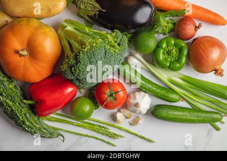 fresh vegetable on white marble background Stock Photo