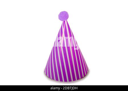 A Purple Birthday Hat with Stripes on a Pure White Background Stock Photo