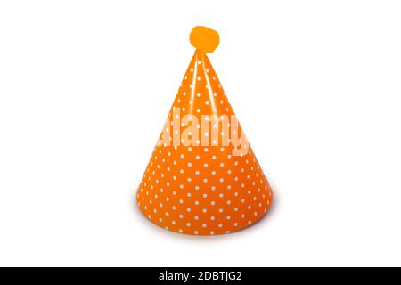 An Orange Birthday Hat with White Polka-Dots on a Pure White Background Stock Photo