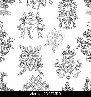 Seamless pattern with black and white eight auspicious symbols of Buddhism. Religious hand drawn vector illustration, buddhist background Stock Vector