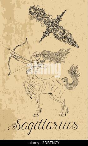 Sagittarius Zodiac Sign and fantasy mascot on texture. Collection of characters and astrological symbols in victorian style. Vector line art illustrat Stock Vector