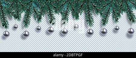 Christmas, New Year. Cards, business cards, invitations. Realistic blue christmas tree in snow with shadow and silver balls on a transparent backgroun Stock Photo