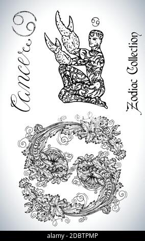 Set with Cancer zodiac sign and mascot drawing. Collection of astrological symbols in baroque victorian style and characters. Vector hand drawn illust Stock Vector