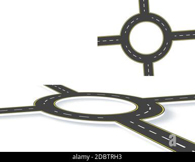 Road, highway, roundabout, top view and perspective view with shadow. Two-lane roads with the same marking at an angle. Vector illustration Stock Photo