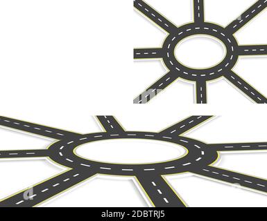 Six Roads, highway, roundabout, top view and perspective view with shadow. Two-lane roads with the same marking at an angle. Vector illustration Stock Photo