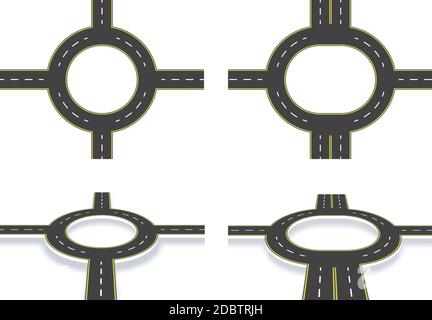 Road, highway, roundabout, top view and perspective view with shadow. Two-lane and four-lane roads with the same markings. Vector illustration Stock Photo