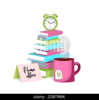 Work from home. Cup of tea, alarm clock, clock, books. Concept Home office.and REMOTE WORK. Vector illustration on a white background. Stock Photo
