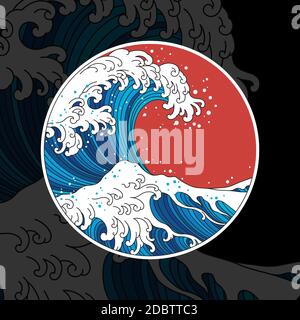 Japan great wave and sun vector illustration for japanese concept. Design in a round and O shape. Stock Vector