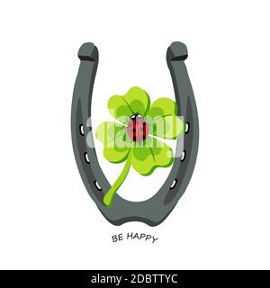 Symbols for good luck, horseshoe, clover, ladybug. Be Happy Vector illustration Stock Photo