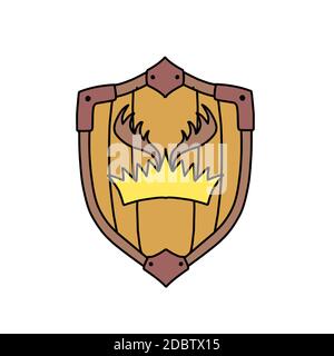 Shield with the coat of arms of the house of Bratheons. Game of thrones element. A song of ice. Crown of deer horns. Stock Photo