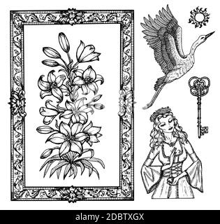 Design set with princess, stork and lily flower isolated on white. Vector engraved illustration in gothic and mystic style. No foreign language, all s Stock Vector