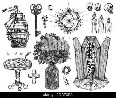 Design set with mystic symbols isolated on white. Vector engraved illustration in gothic and mystic style. No foreign language, all symbols are fantas Stock Vector