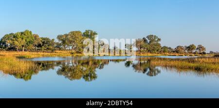 Typical beautiful african landscape, wild river in national park Bwabwata on Caprivi Strip with nice reflection in water. Namibia africa wilderness. Stock Photo