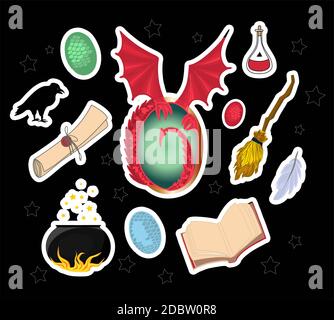 Magic stickers. I love magic. Witchcraft omens. Mystic. Magic wand, talking hat, parchment and dragon. Dragon eggs Stock Photo