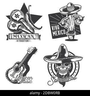 Set of mexican emblems, labels, badges, logos. Isolated on white Stock Vector