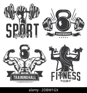 Set of gym emblems, labels, badges, logos. Isolated on white Stock Vector