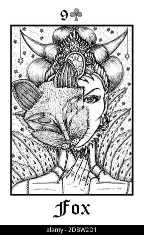 Fox. Tarot card from vector Lenormand Gothic Mysteries oracle deck. Black and white engraved illustration. Fantasy and mystic line art drawing. Gothic Stock Vector