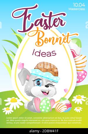 Easter bonnet poster flat vector template. Christian headcovering workshop. Brochure, booklet one page concept design with hare kawaii cartoon charact Stock Photo