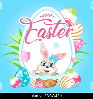Cute happy Easter bunny kawaii character social media post mockup. Spring holiday lettering with rabbit in basket. Positive poster, card template with Stock Photo